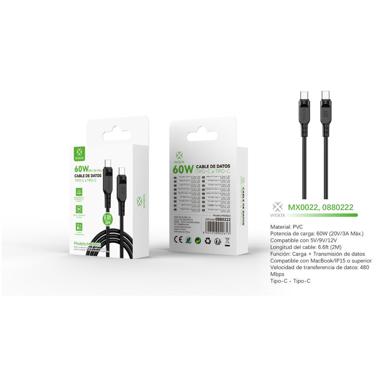 Cable de datos Tipo-C a Tipo-C 60W 2m - Negro - MX0022 NE