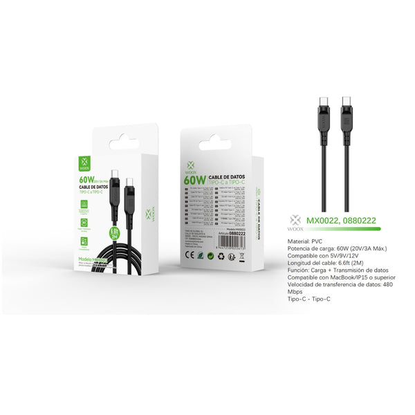 Cable de datos Tipo-C a Tipo-C 60W 2m - Negro - MX0022 NE