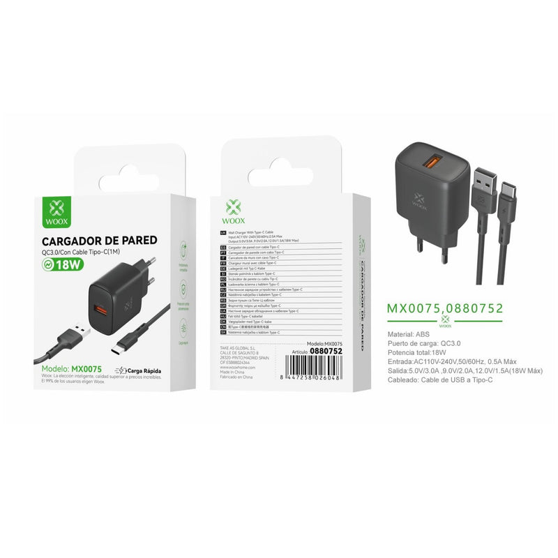 Cargador de pared USB ¨2nico UE QC18W con cable USB a tipo C (negro) - MX0075 NE