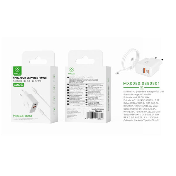 Cargador de pared UE QC+PD GaN de 20 W con cable C-C (blanco) - MX0080 BL