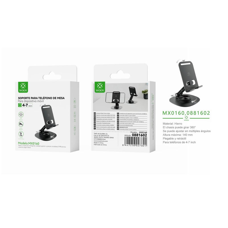 Soporte para telefono de escritorio con ajuste de 360 grados, metal, negro - MX0160