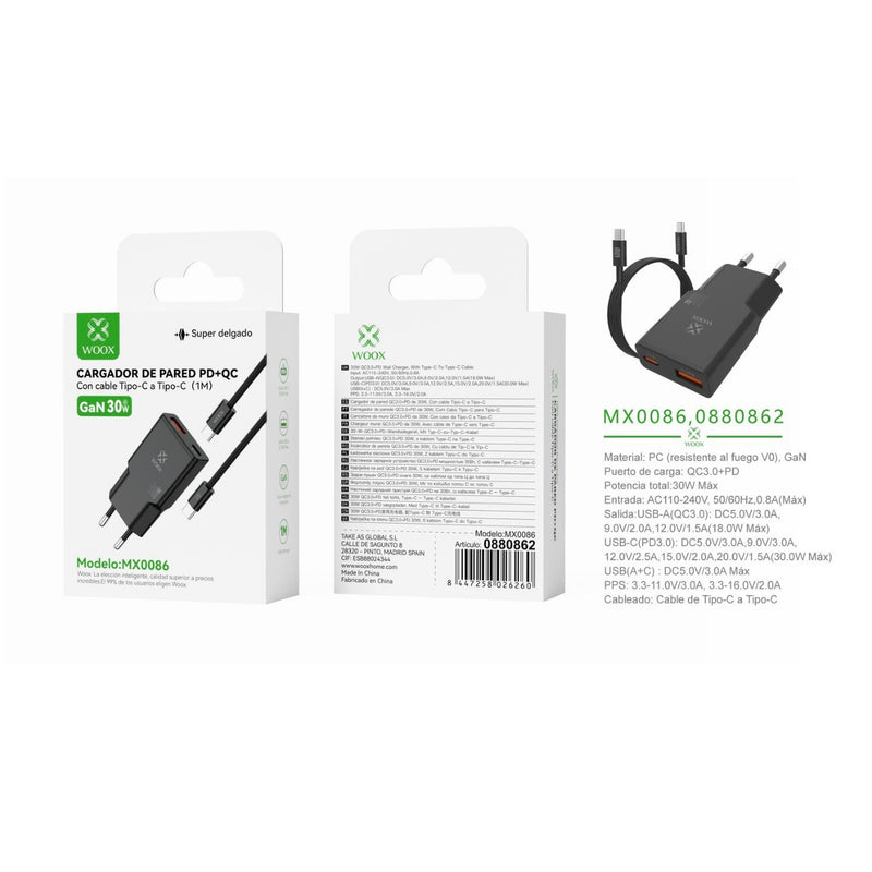 Cargador de pared UE QC+PD GaN de 30 W con cable C-C (negro) - MX0086 NE