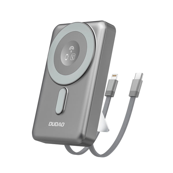 Dudao K29 10000mAh PD 20W MagSafe Power Bank with Metal Case, Stand and Built-in USB-C/ Lightning Cables - Gray